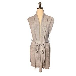 August Silk Long Cardigain Duster Belted Sweater Dress Metallic Silver Small